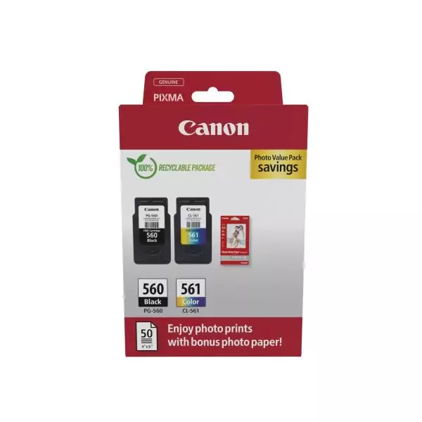 Pack de 2 cartouches d'encre + pack papiers photo - CANON - PG-560 Noir + CL-561 Couleur