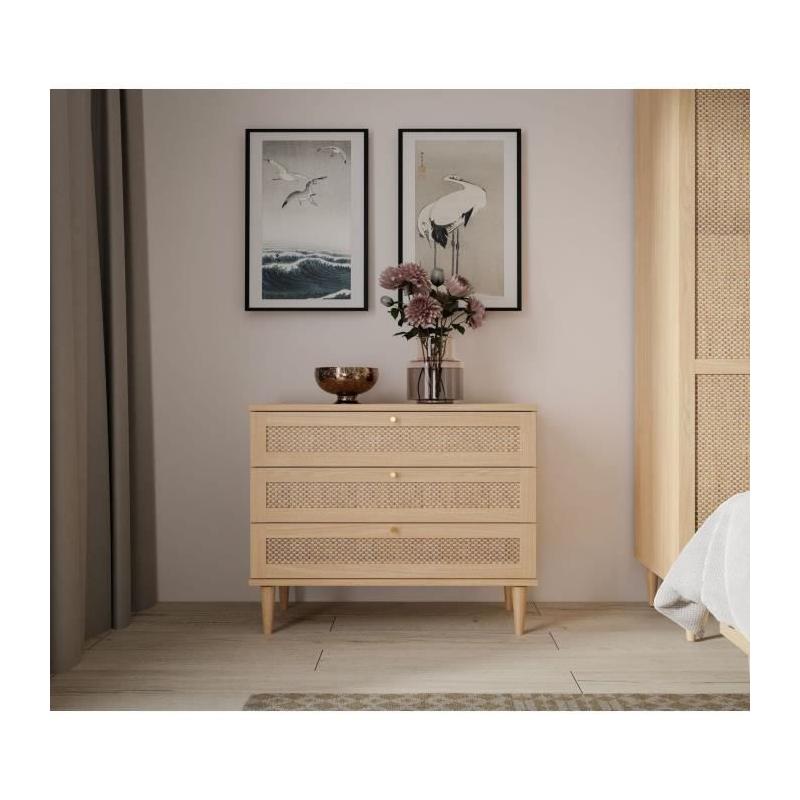 Commode pratique - CALASETTEA - 3 tiroirs - Chêne - 90,4 x 41,4 x 80 cm