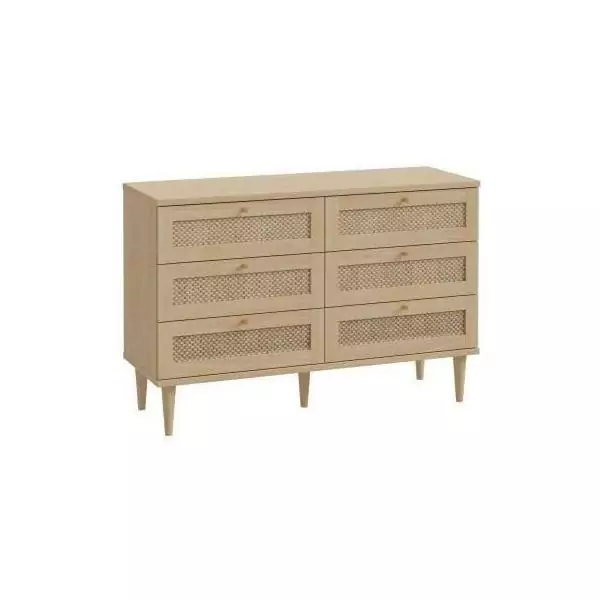 Commode - 6 tiroirs - Décor Chene - Cannage - L120 x P41,4 x H80 cm - CALASETTA