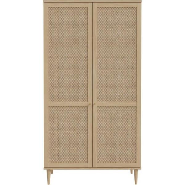 Armoire de chambre - 2 portes battantes - Décor Chene - Cannage - L110 x H208 x P54 cm - CALASETTA