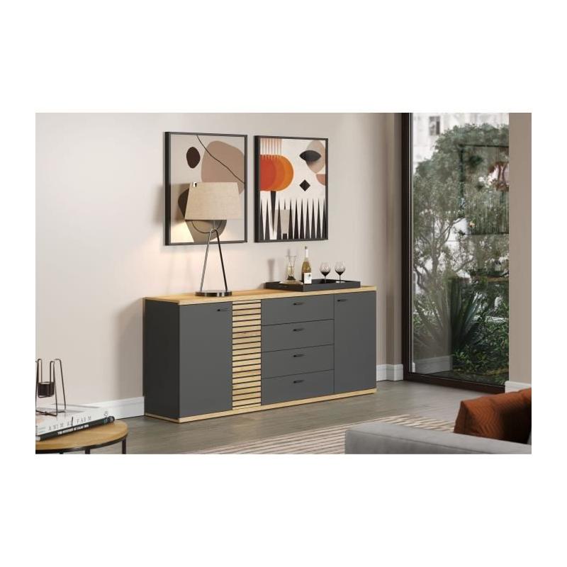 Buffet contemporain 3 portes 3 tiroirs chêne blond/gris anthracite