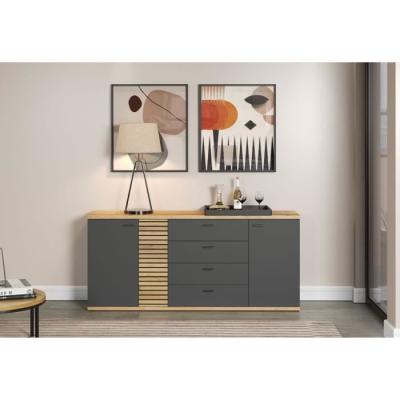 Buffet contemporain 3 portes 3 tiroirs chêne blond/gris anthracite