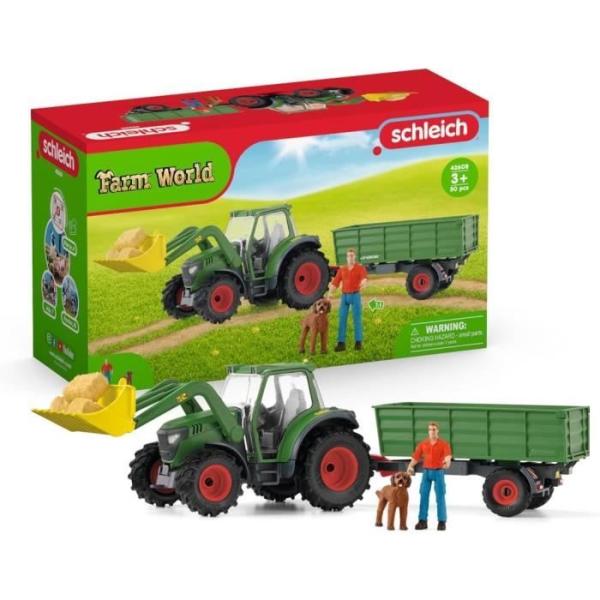 Tracteur et remorque, Coffre schleich avec 1 tracteur, 1 rremorque, 1 figurine humaine articulée, 1 figurine chien, pour enfant