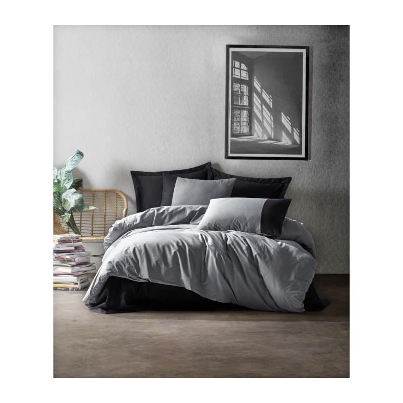 Parure de lit - 1 housse de couette 220 x 240 cm + 2 taies d'oreiller 60 x 60 cm - 100% coton renforcé - Gris