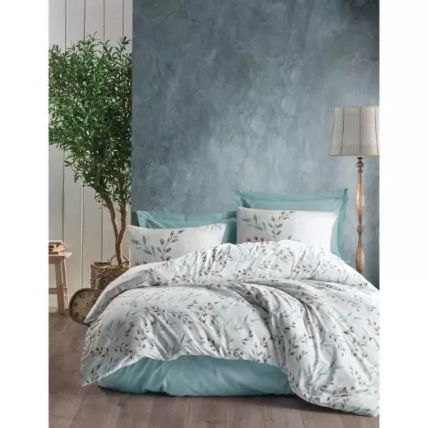 Parure de lit - 1 housse de couette 220 x 240 cm + 2 taies d'oreiller 60 x 60 cm - 100% coton renforcé - Menthe