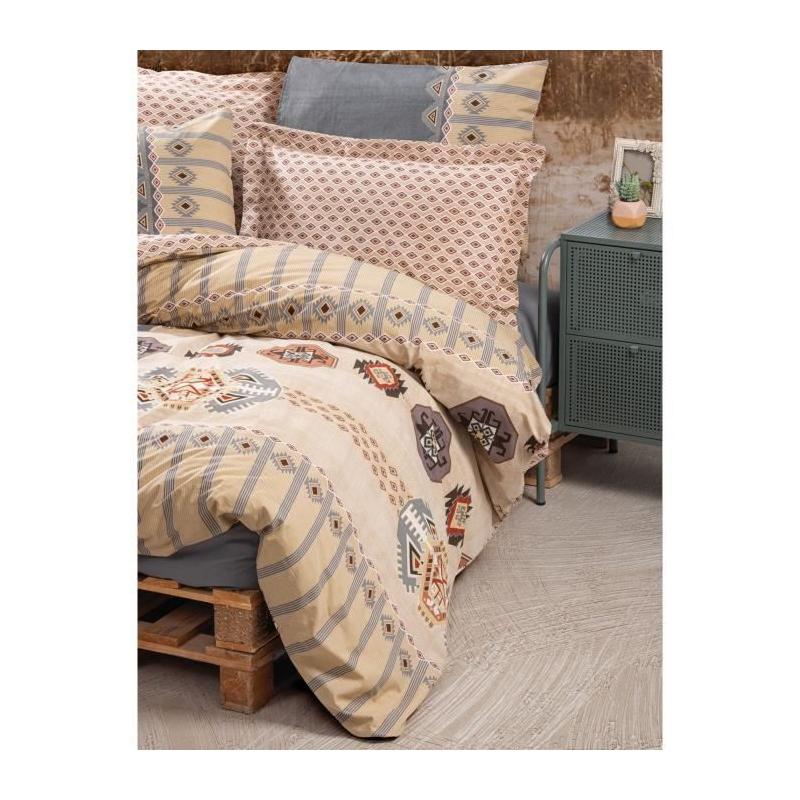 Parure de lit - 1 housse de couette 220 x 240 cm + 2 taies d'oreiller 60 x 60 cm - 100% coton renforcé - Beige