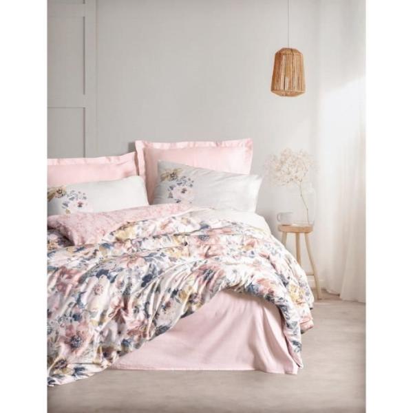 Parure de lit - 1 housse de couette 220 x 240 cm + 2 taies d'oreiller 60 x 60 cm - Satiné 100% coton - Poudre