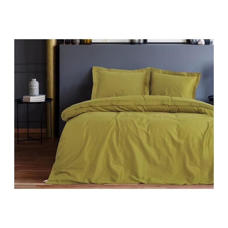 Parure de lit satinée 100% coton - Vert - 1 housse de couette + 2 taies - 220x240 cm