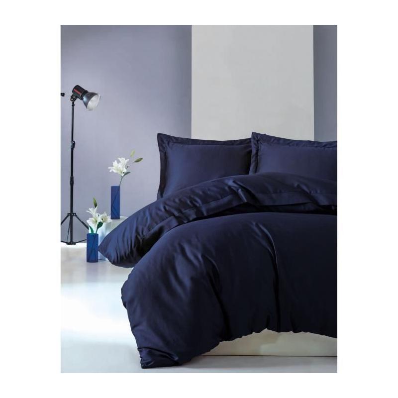 Parure de lit - 1 housse de couette 220 x 240 cm + 2 taies d'oreiller 60 x 60 cm - Satiné 100% coton - Bleu