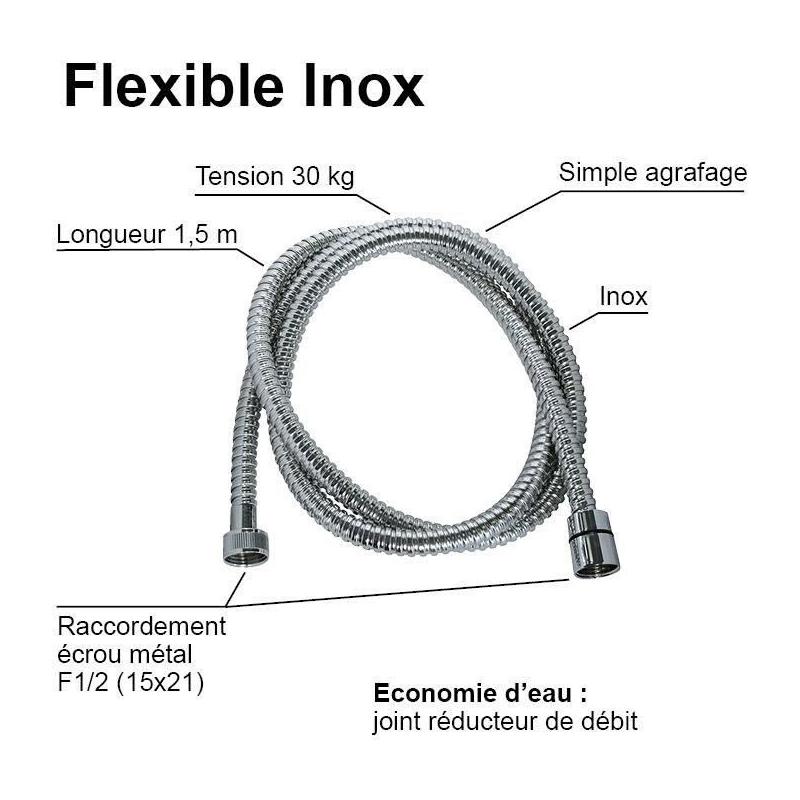 Flexible de douche - ROUSSEAU - Écrous métal - Sertis de sécurité - Longueur 1m50 - Inox chromé simple agrafage