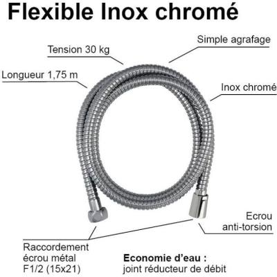 Flexible de douche anti-torsion ROUSSEAU 1m75 Inox chromé