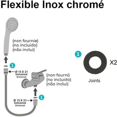 Flexible de douche - ROUSSEAU - Raccord universel - Format compact - Écrous métal - Longueur 1m50 - Inox chromé simple agrafa