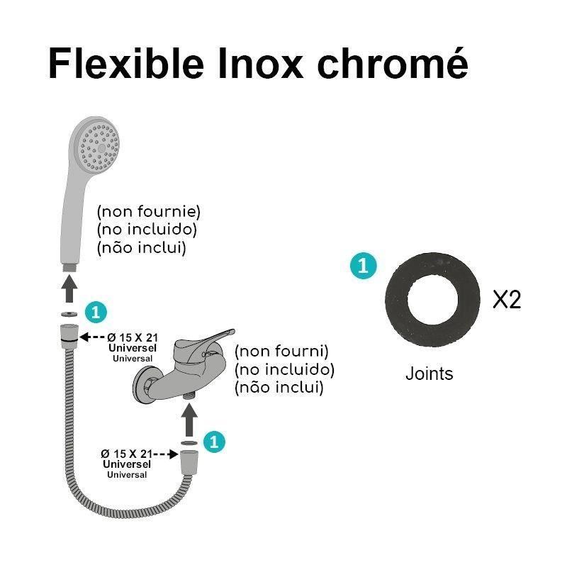 Flexible de douche - ROUSSEAU - Raccord universel - Format compact - Écrous métal - Longueur 1m50 - Inox chromé simple agrafa