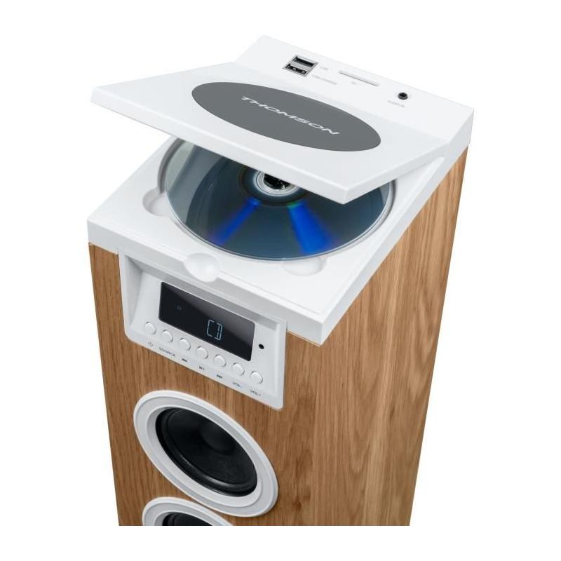 Tour haut-parleur Thomson 60W Bluetooth/CD/USB/SD Blanc/Bois