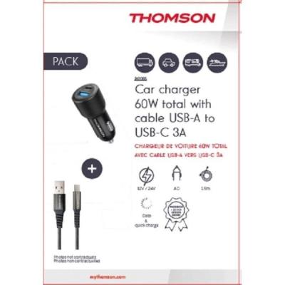 Pack chargeur voiture + câble - THOMSON 60 W - USB-A vers C 3A