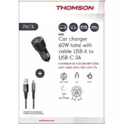 Pack chargeur voiture + câble - THOMSON 60 W - USB-A vers C 3A Pack chargeur voiture + câble - THOMSON 60 W - USB-A vers C 3A