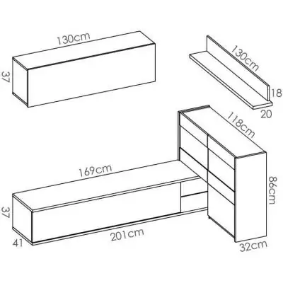 Ensemble meuble séjour design avec vitrine LED - L 260 x P 41 x H 180 cm
