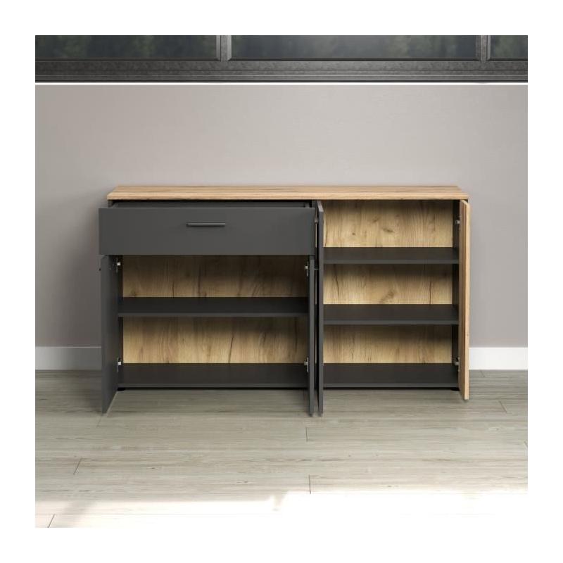 Bahut - Esteban - En panneaux de particules - Chene blond / gris anthracite - 3 portes - 1 tiroir - Scandinave - Trendteam