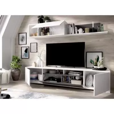 Composition de salon TV KEN - Blanc Brillant / Graphite - 200 x 41 x 180 cm