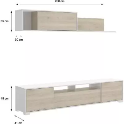 Composition de salon TV KEN Blanc Brillant/Chene 200x41x180cm