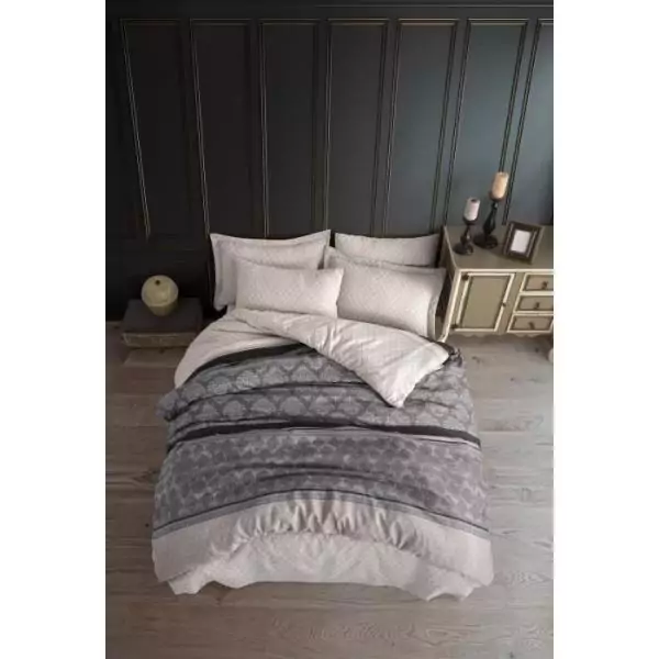 Parure de lit - 1 housse de couette 220 x 240 cm + 2 taies d'oreiller 60 x 60 cm - 65% coton, 35% polyester - Gris