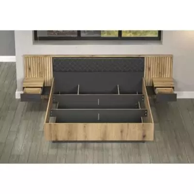 Lit avec chevets et éclairage indirect - ESTEBAN - 180x200 cm - Chêne blond / Anthracite Lit avec chevets et éclairage indirect - ESTEBAN - 180x200 cm - Chêne blond / Anthracite