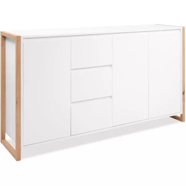 Buffet - DENVER - Chene artisan / Blanc - 3 portes - 3 tiroirs - 160 x 40 x 88 cm