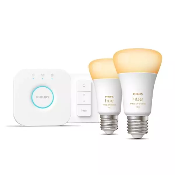 Philips Hue - Kit démarrage ampoule LED connectée White - 10,5W - Lot 2 E27 - Télécommande Hue