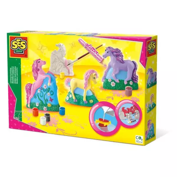 Moulage et peinture - SES CREATIVE - Hobby Pink - 3 chevaux - 3 figurines a créer avec plâtre - Peinture et paillettes - Age :