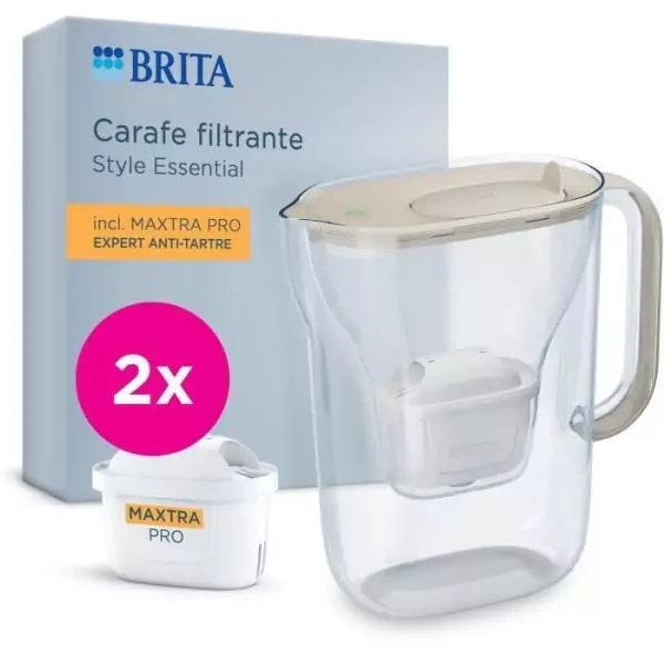 Carafe filtrante BRITA - Style Essential Sable - Capacité 2,4L dont 1,4L d'eau filtrée - 2 filtres Maxtra Pro Expert anti-tart