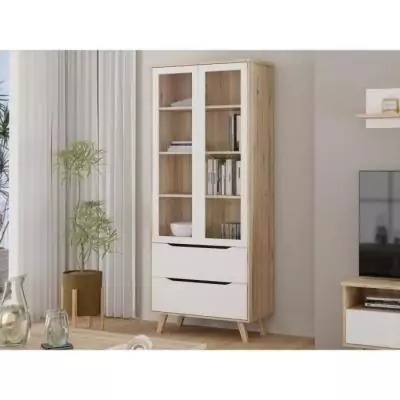 Vitrine VANKKA 2 portes vitrées chêne/blanc mat - élégante et pratique