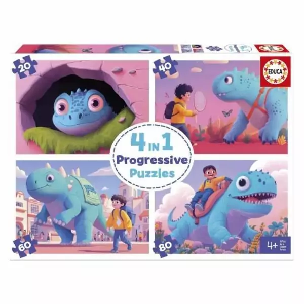 4 Puzzles - EDUCA - Dinos sympathiques - 20+40+60+80 pieces