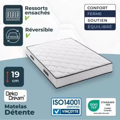 Matelas 140x200 cm - 580 ressorts ensachés - 7 zones - Équilibré & Réversible
