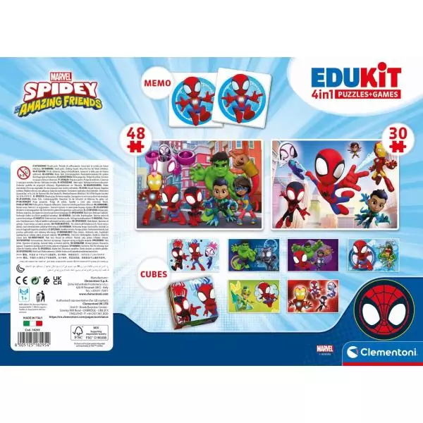 Clementoni - Edukit - Spidey -Coffret apprentissage 4 en 1 - 2 puzzles, 1 mémo, 1 jeu de 6 cubes - Fabriqué en Italie - Dés 4
