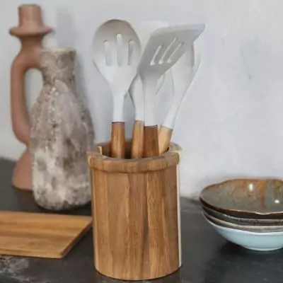 Set ustensiles acacia: 4 pcs avec pot - LIVOO - En silicone 31 cm