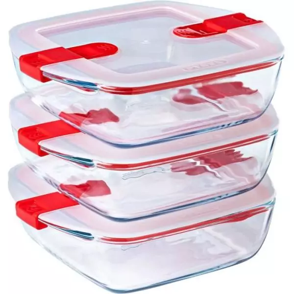 Lot de 3 lunch box - PYREX - Cook & Heat - Verre - Carré - Couvercle a valves vapeur spécial micro-onde - 1 L