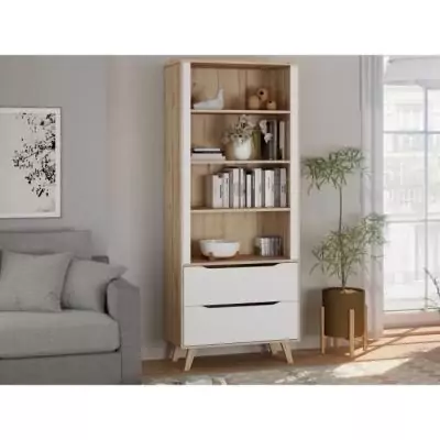 Bibliothèque élégante VANKKA - 4 étagères - 2 tiroirs - Chêne/Blanc
