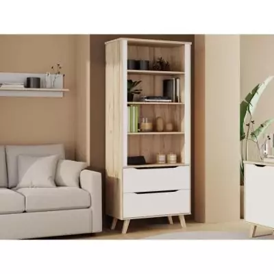 Bibliothèque élégante VANKKA - 4 étagères - 2 tiroirs - Chêne/Blanc