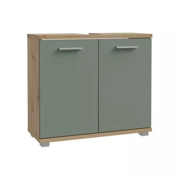 Meuble sous-lavabo - 2 portes - Décor chene & vert sauge - L69,9 x P28,9 x H62 cm - CHAMP