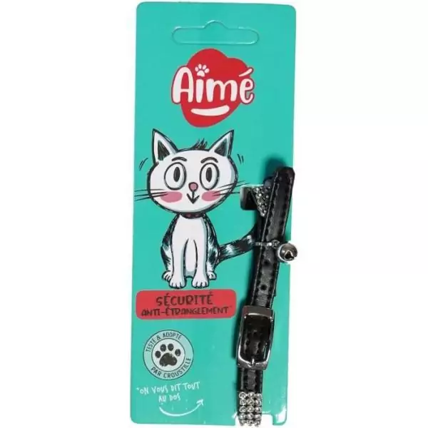 Collier pour chat - AIME - Ajustable 18-28 cm - Nylon avec grelot en argent - Noir strass