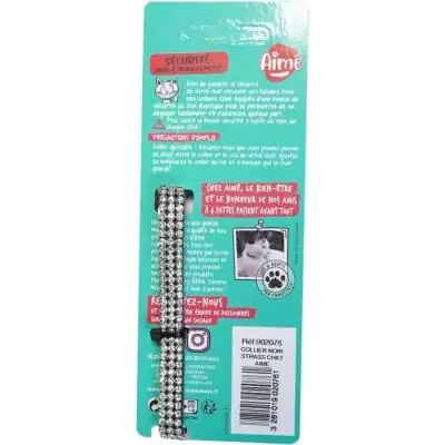 Collier pour chat élégant - AIME - Nylon ajustable avec grelot en argent - Noir strass Collier pour chat élégant - AIME - Nylon ajustable avec grelot en argent - Noir strass