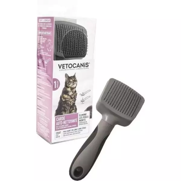 Brosse toilettage - VETOCANIS - Carde auto-nettoyante pour chat - Rétractable - Pour poils longs