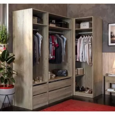 Module dressing d'angle - Décor chene - 3 étageres - 1 tringle a vetements - L100 x P66 x H200 cm