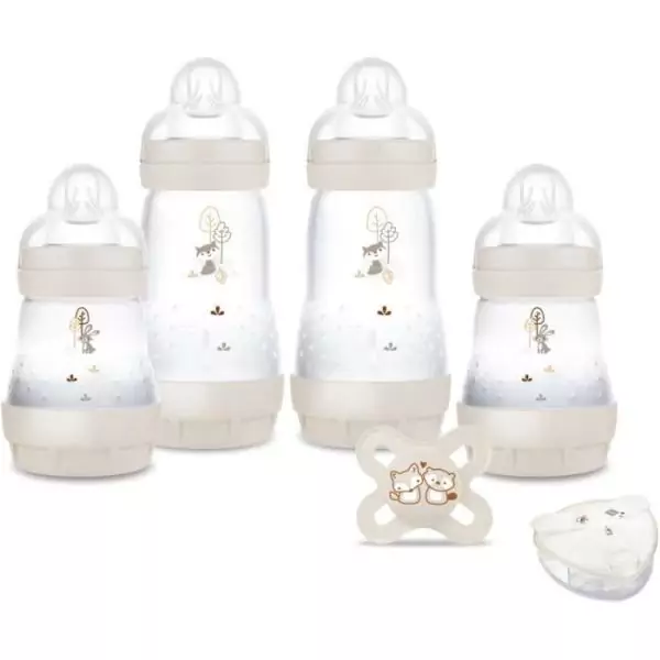 Coffret Naissance - MAM - 4 Biberons + 1 Sucette + 1 Boîte doseuse - Sable