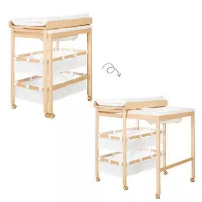 Table a langer extensible avec baignoire - ROBA - BABY POOL - Matelas a langer 'Roba Style' blanc inclus - Bois naturel
