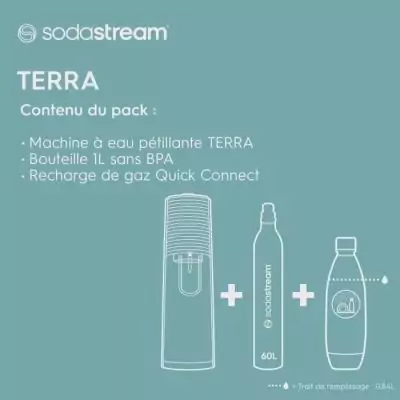 Machine a soda et eau pétillante SODASTREAM - TERRA Noire - 1 bouteille compatible lave-vaisselle - 1 recharge de gaz 60L