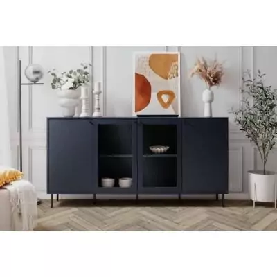Buffet bas - CARACAS - Décor bleu navy - 2 portes vitrées + 2 portes - L180 x H90 x P40 cm