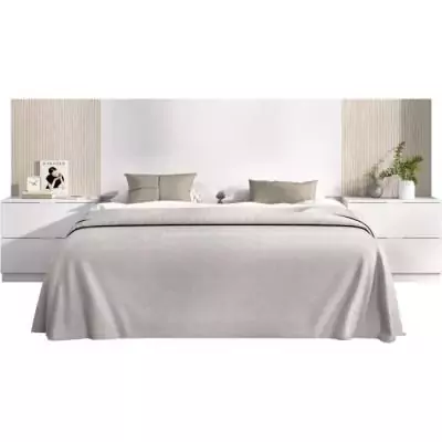 Tete de lit avec chevets intégrés - LOMA - Blanc / Bois - 258,6 x 34,2 x 106 cm