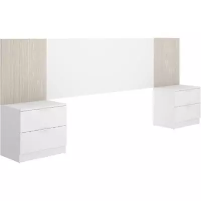 Tete de lit avec chevets intégrés - LOMA - Blanc / Bois - 258,6 x 34,2 x 106 cm