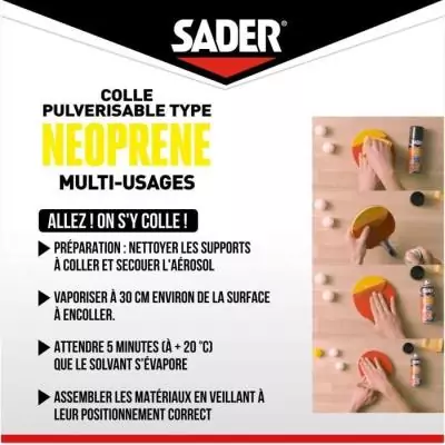 Colle aérosol néoprene multi-usages - SADER - Extra forte - Tous matériaux - Prise immédiate - Bombe 500 ml